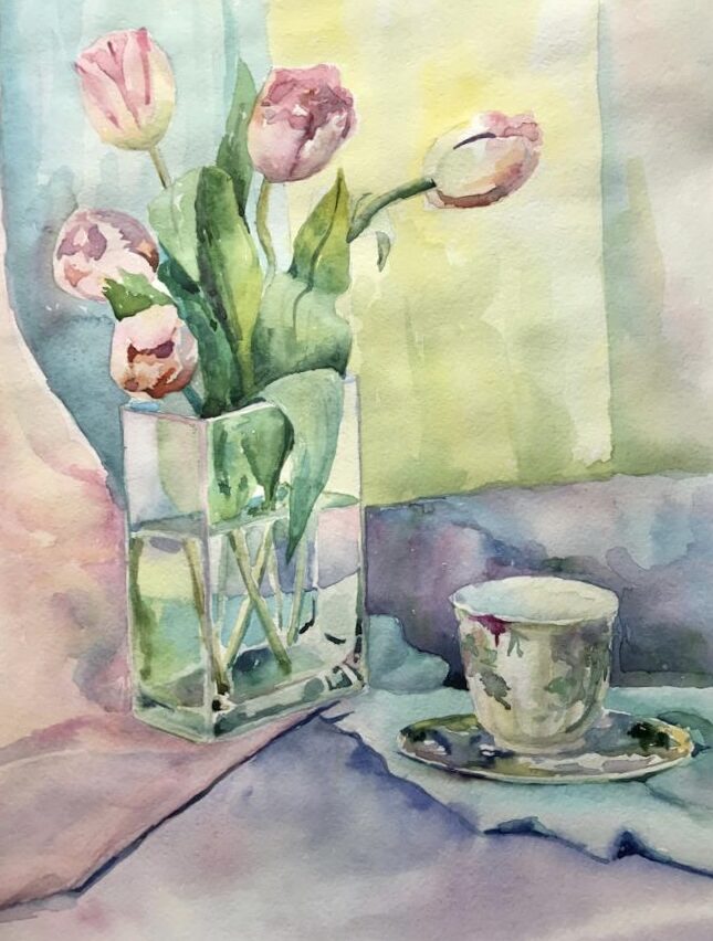 живопись тюльпаны на столе акварелью 
